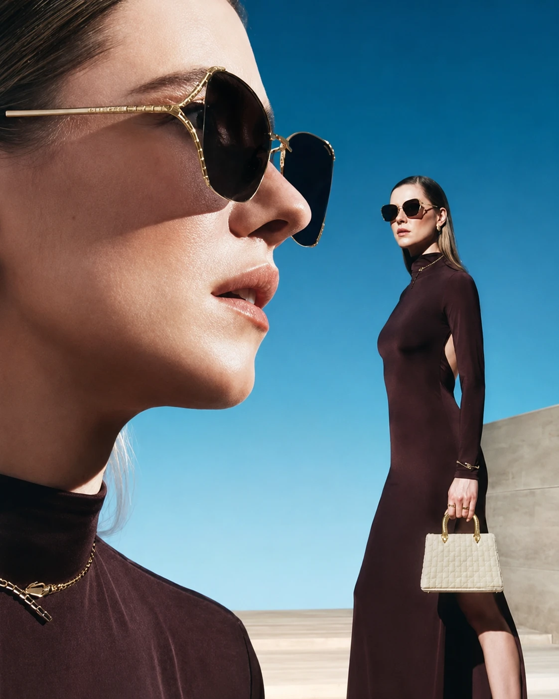 Woman wearing Bvlgari sunglasses.