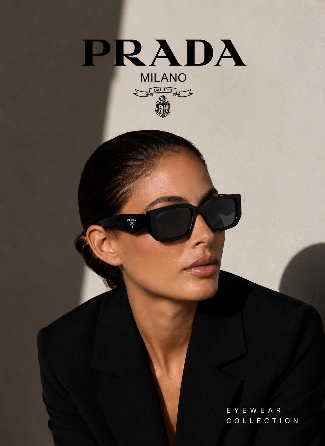 Female model wearing luxury Prada sunglasses.