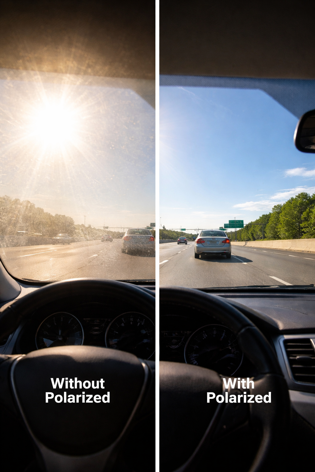 Driving comparison of polarized vs non-polarized sunglasses, showing reduced glare and clearer vision with polarized lenses