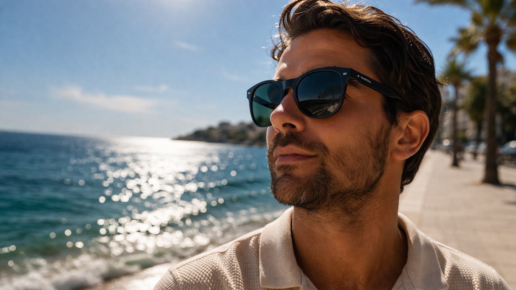 Man wearing polarized sunglasses by the sea in Limassol, Cyprus – The Optical