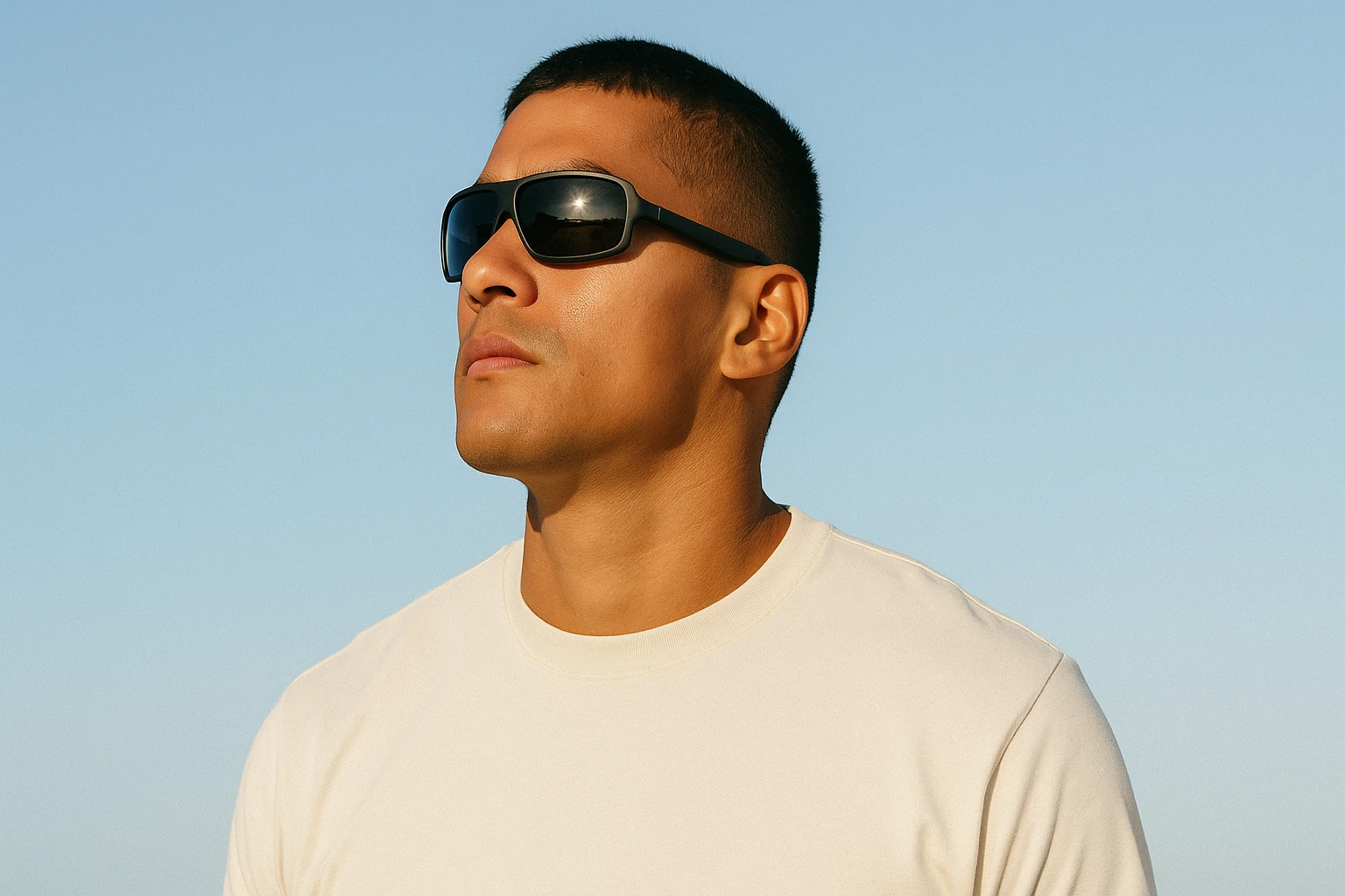 Man wearing contemporary sunglasses in an outdoor editorial-style setting