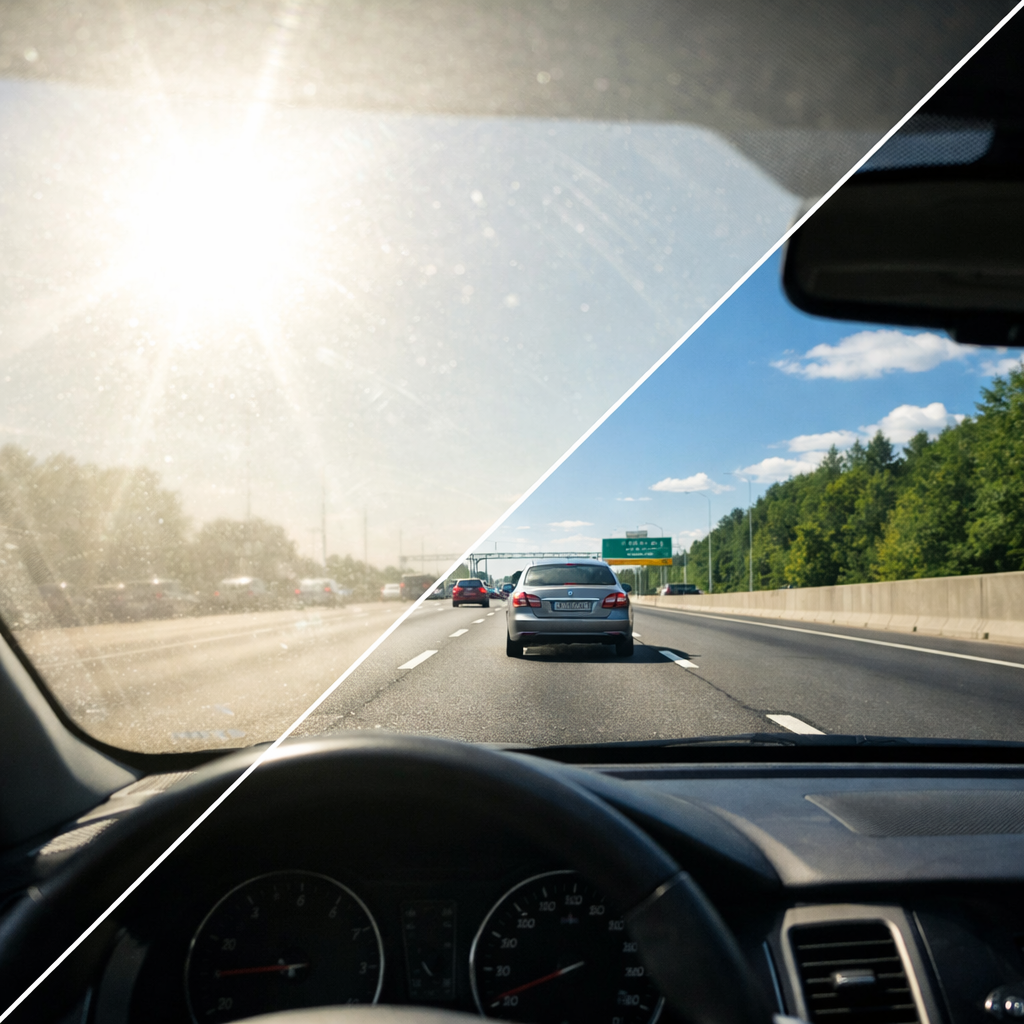 Polarized vs non-polarized sunglasses while driving in Cyprus, showing reduced road glare and clearer vision with polarized lenses