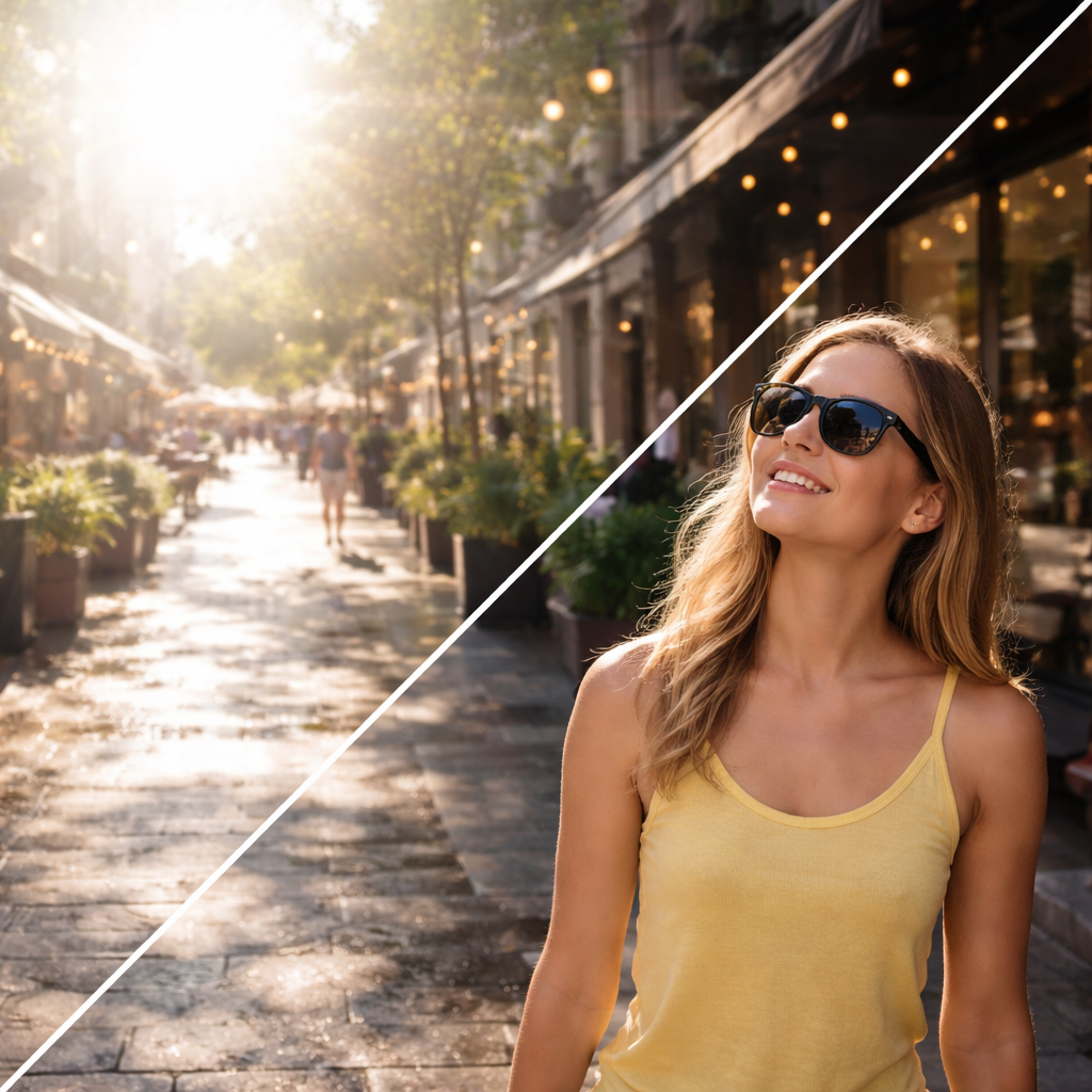 Polarized vs non-polarized sunglasses in city sunlight, showing reduced reflections and more comfortable everyday vision
