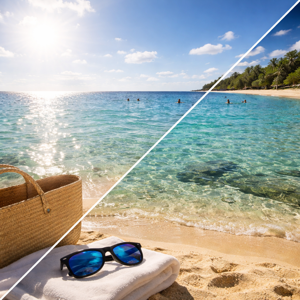 Polarized vs non-polarized sunglasses at the beach, showing reduced water glare and clearer view through the sea