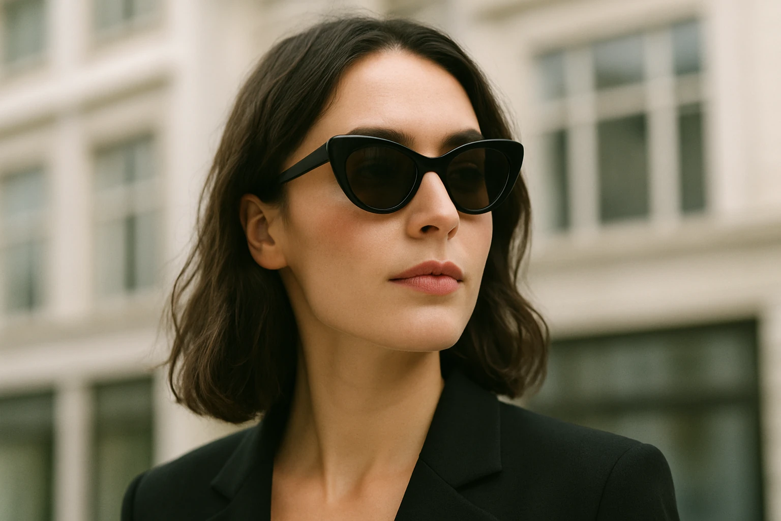 Woman wearing black cat-eye sunglasses in a modern city setting